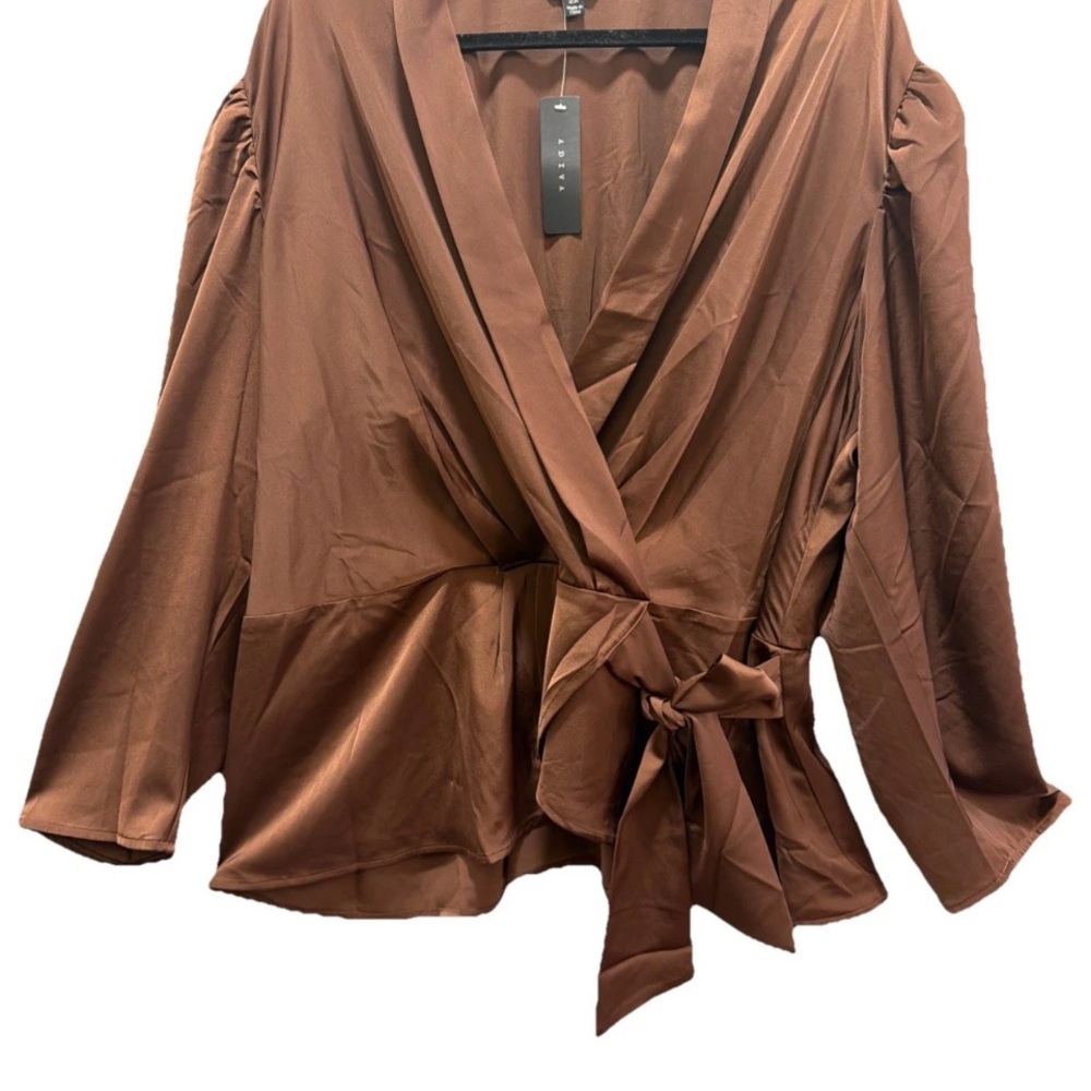 🆕Adiva Chocolate Brown Satin Wrap Tie Waist Blouse Shawl Collar Puff Sleeve 2X